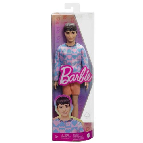 Barbie Fashionista fiú baba kék-rózsaszín szívecskés pólóban