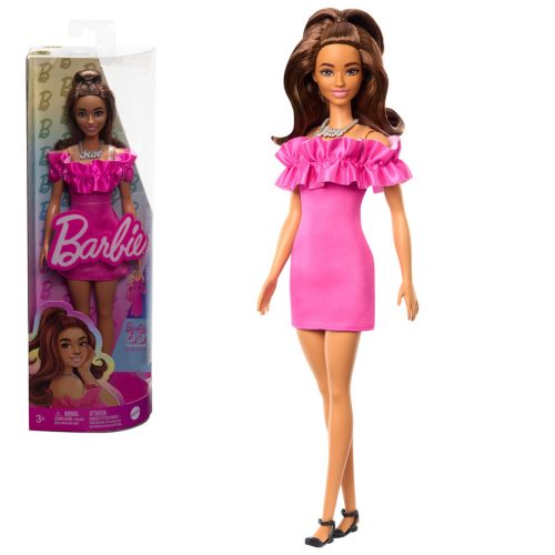 Barbie: Fashionista stílusos baba rózsaszín pánt nélküli fodros ruhában