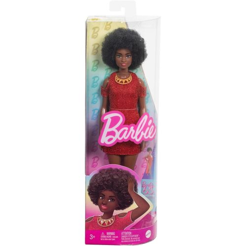 Barbie: Fashionista stílusos baba piros, csillogó ruhácskában - Mattel