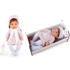 MK TOYS- Pisilő baba kockás ruhában hanggal és kisággyal 30cm