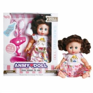 MK TOYS- Barna hajú pisilős baba hajszárítóval, bilivel és kigeészítőkkel