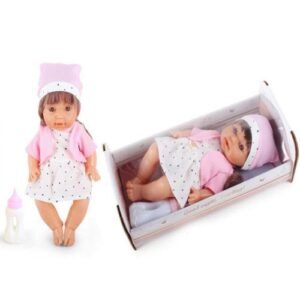 Pisilős baba csillagos ruhában hanggal és kisággyal 30 cm