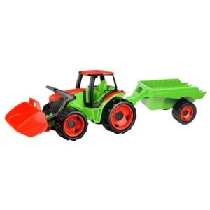 LENA Óriási zöld-piros traktor markolóval és utánfutóval 107 cm